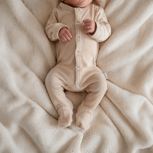28 week infant wearing preemie cloud onesie in fawn