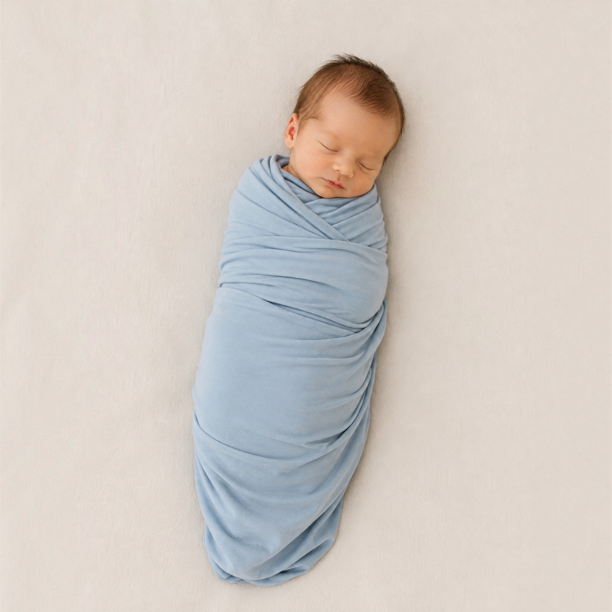 A sleeping premature baby swaddled in a soft light blue wrap, lying on a neutral beige fabric background.