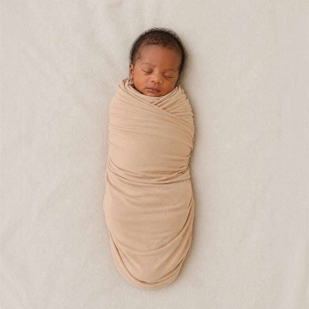 A sleeping premature baby swaddled in a soft, draped tan fabric wrap, lying on a textured light beige blanket.