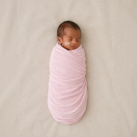 A sleeping preemie baby swaddled in a soft light pink blanket, lying on a textured cream-colored fabric background.
