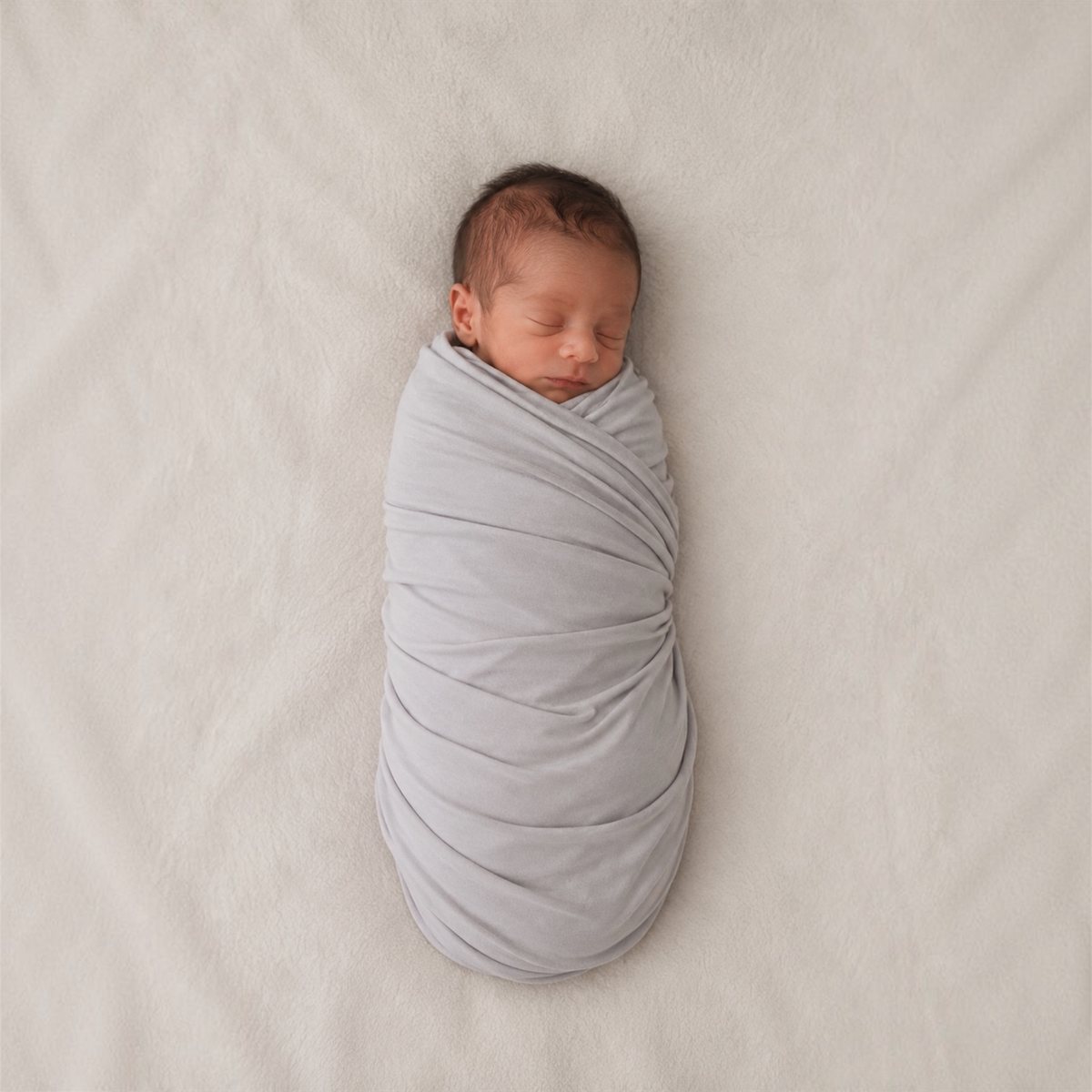 A sleeping premature baby swaddled in a light gray fabric wrap, lying on a soft, textured off-white blanket.