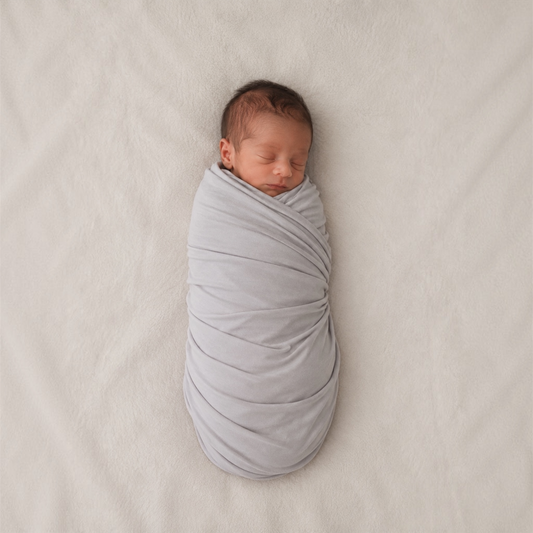 A sleeping premature baby swaddled in a light gray fabric wrap, lying on a soft, textured off-white blanket.